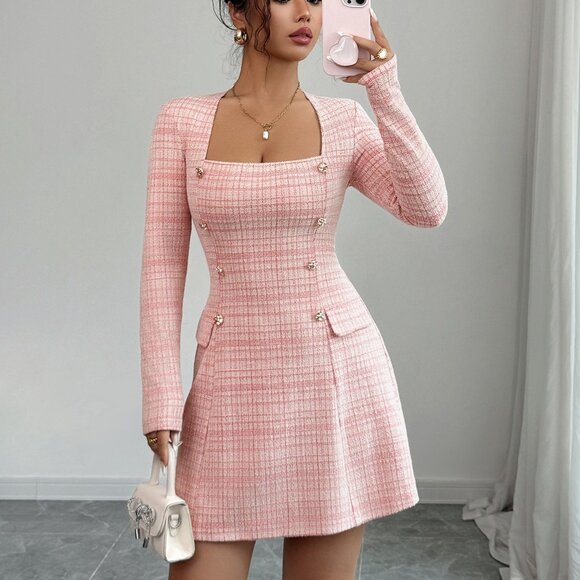 Pink Tweed Square Neck Mini Dress - Picture 1 of 5